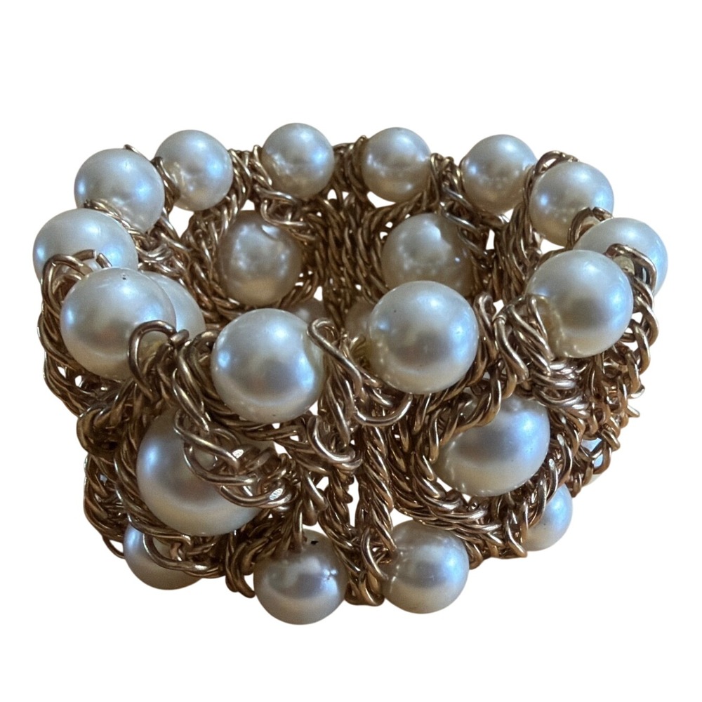 Gold Tone Chunky Faux Pearl Triple Row Stretch Cuff Bracelet Statement Jewelry